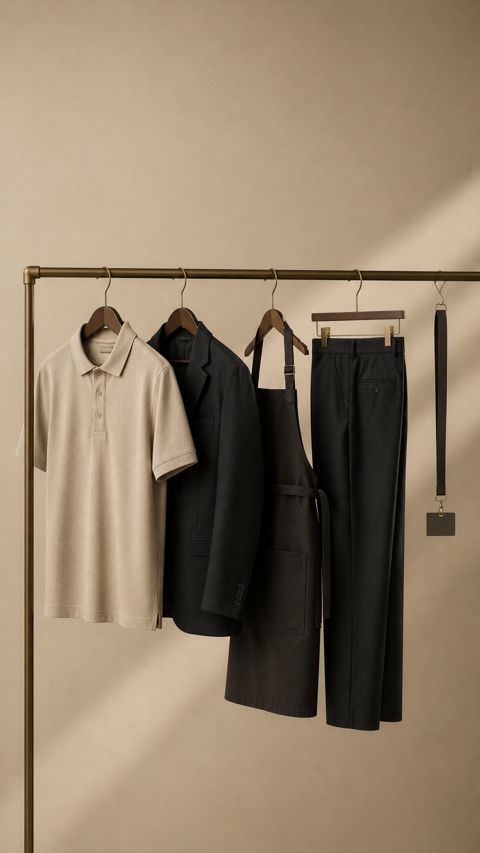 Hanging uniform set — polo, blazer, apron and trousers on a brass rod