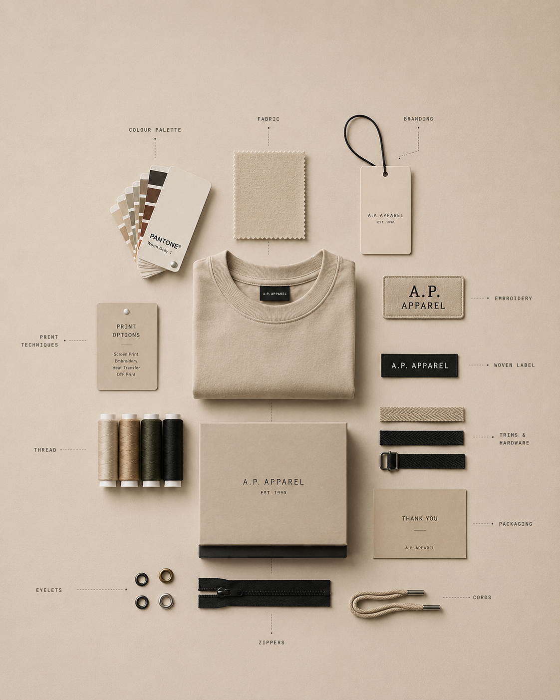 Annotated flatlay of branded merch — sweater, swatches, thread, labels and packaging