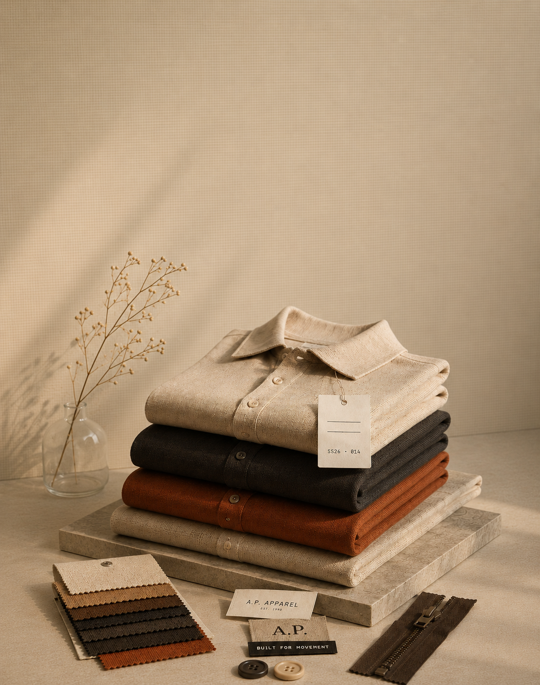 Folded knit polos with fabric swatches and branding